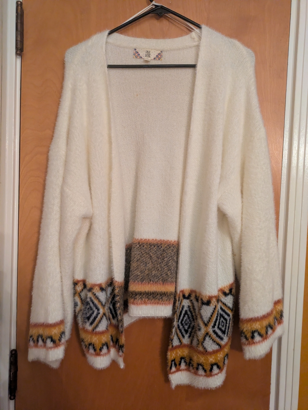 Pink Rose Cream Open-Front Cardigan with Geometric Trim